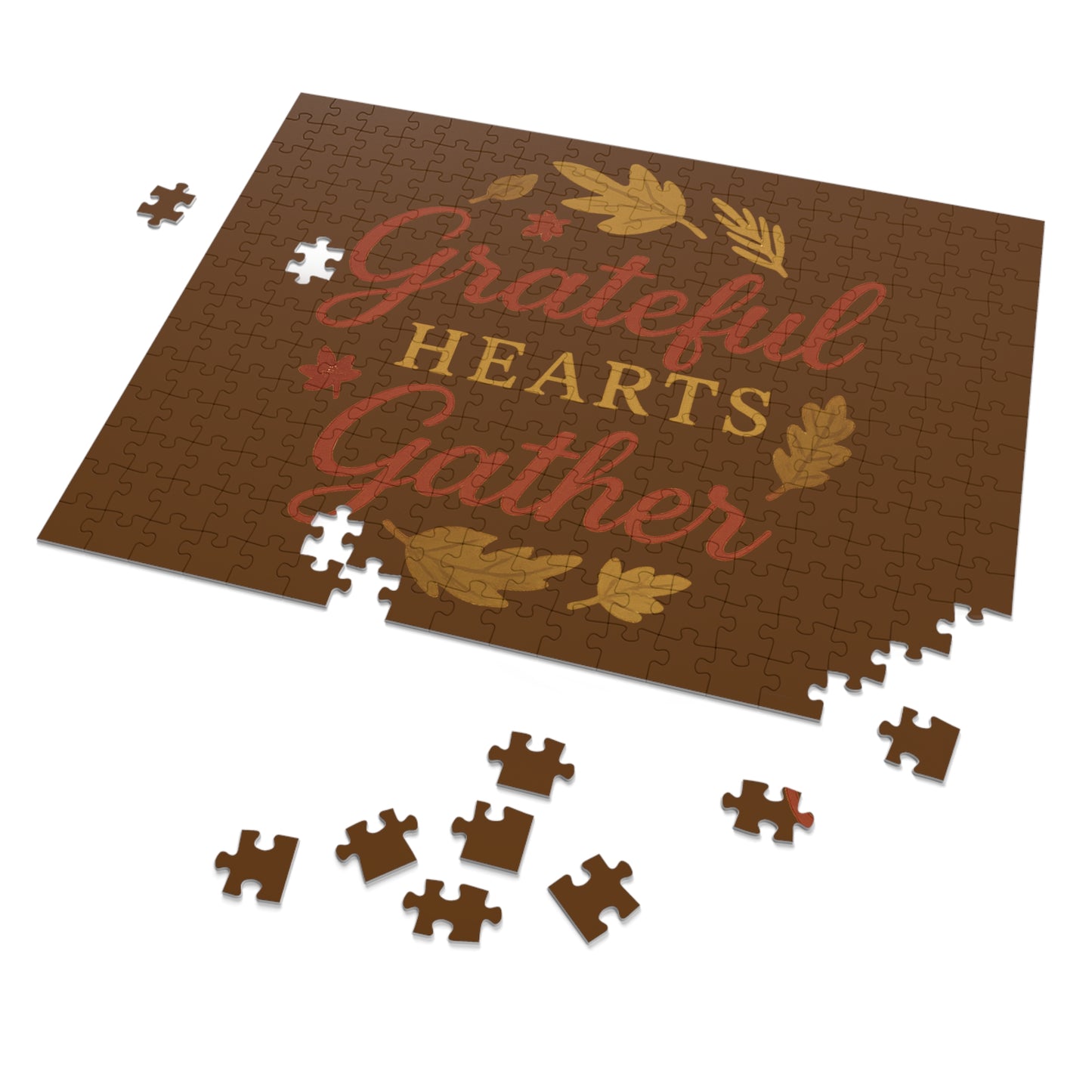 Grateful Hearts Gather Jigsaw Puzzle — Thanksgiving Fall Leaves Puzzle with Tin