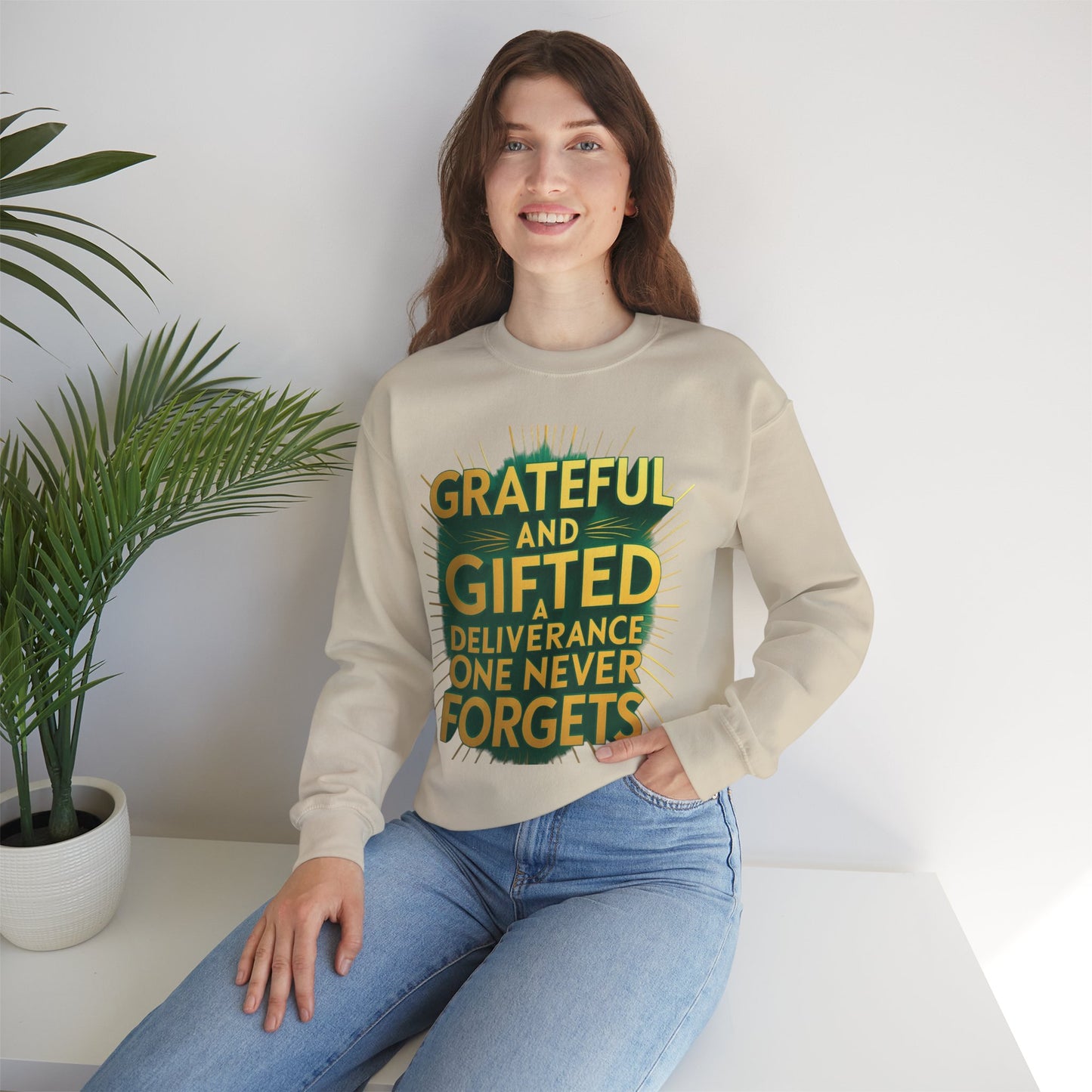 Grateful & Gifted Crewneck Sweatshirt, Unisex Gift for Thanksgiving, Cozy Relaxed Fit, Holiday Clothing, Inspirational Apparel