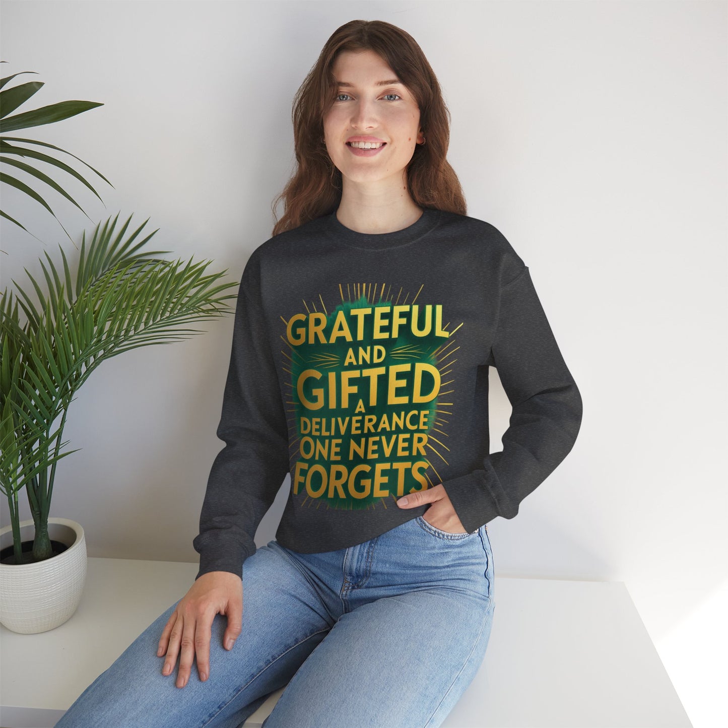 Grateful & Gifted Crewneck Sweatshirt, Unisex Gift for Thanksgiving, Cozy Relaxed Fit, Holiday Clothing, Inspirational Apparel