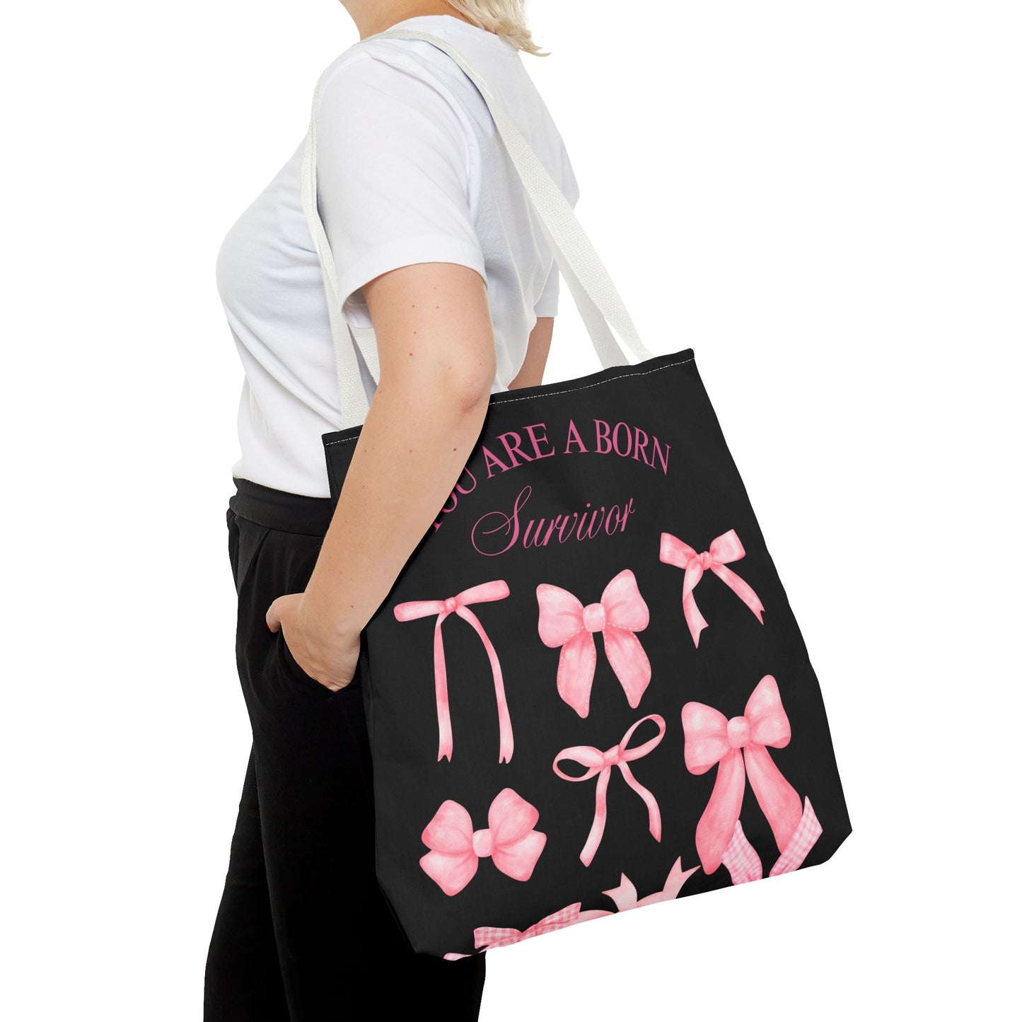 Empowering Pink Ribbon Tote Bag, Breast Cancer Awareness, Survivor Gift, Inspirational Bag, Bows & Ribbons Design, Supportive Gift