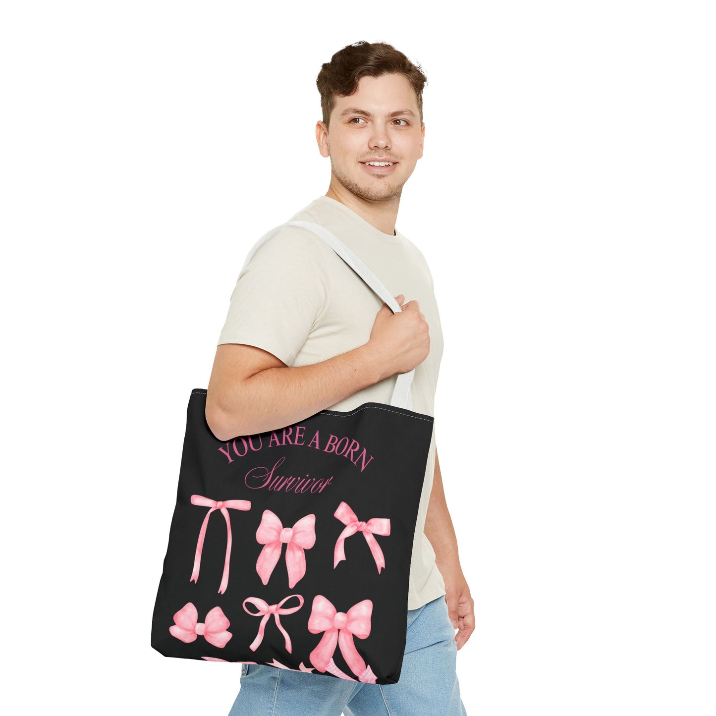Empowering Pink Ribbon Tote Bag, Breast Cancer Awareness, Survivor Gift, Inspirational Bag, Bows & Ribbons Design, Supportive Gift