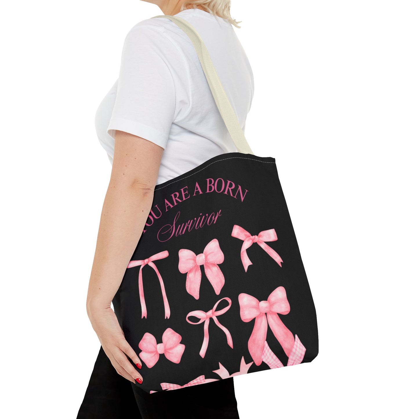 Empowering Pink Ribbon Tote Bag, Breast Cancer Awareness, Survivor Gift, Inspirational Bag, Bows & Ribbons Design, Supportive Gift