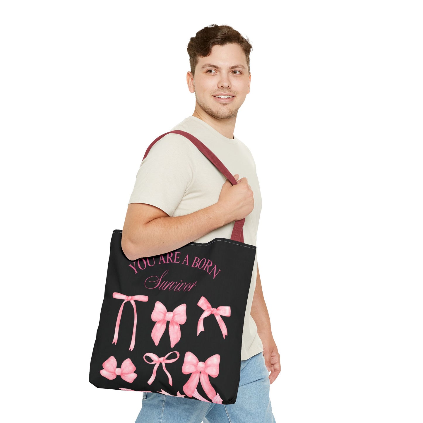 Empowering Pink Ribbon Tote Bag, Breast Cancer Awareness, Survivor Gift, Inspirational Bag, Bows & Ribbons Design, Supportive Gift