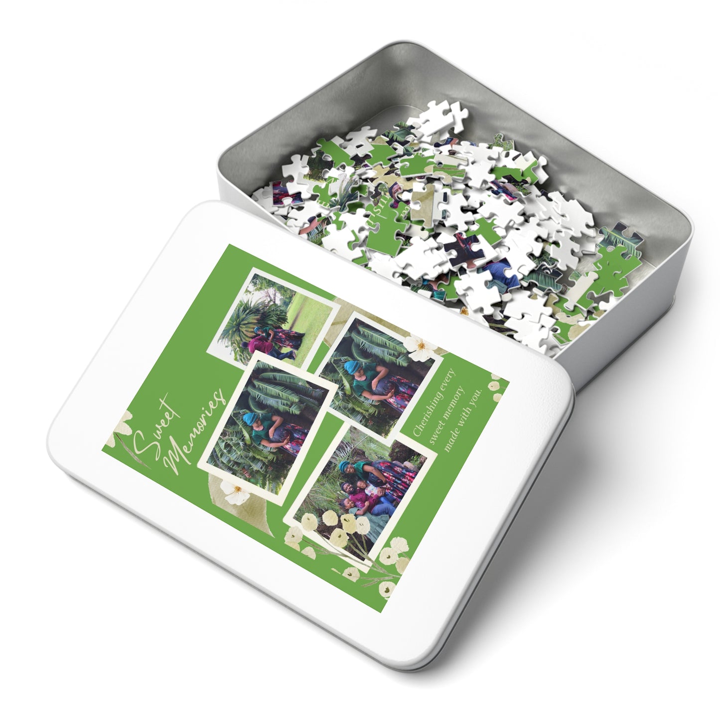 Custom Photo Jigsaw Puzzle with Tin — "Sweet Memories" Green Collage
