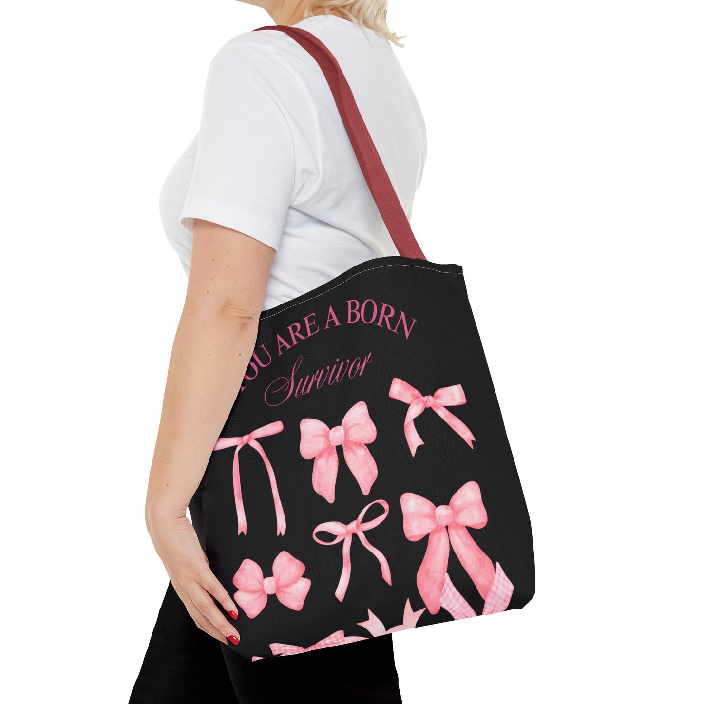 Empowering Pink Ribbon Tote Bag, Breast Cancer Awareness, Survivor Gift, Inspirational Bag, Bows & Ribbons Design, Supportive Gift