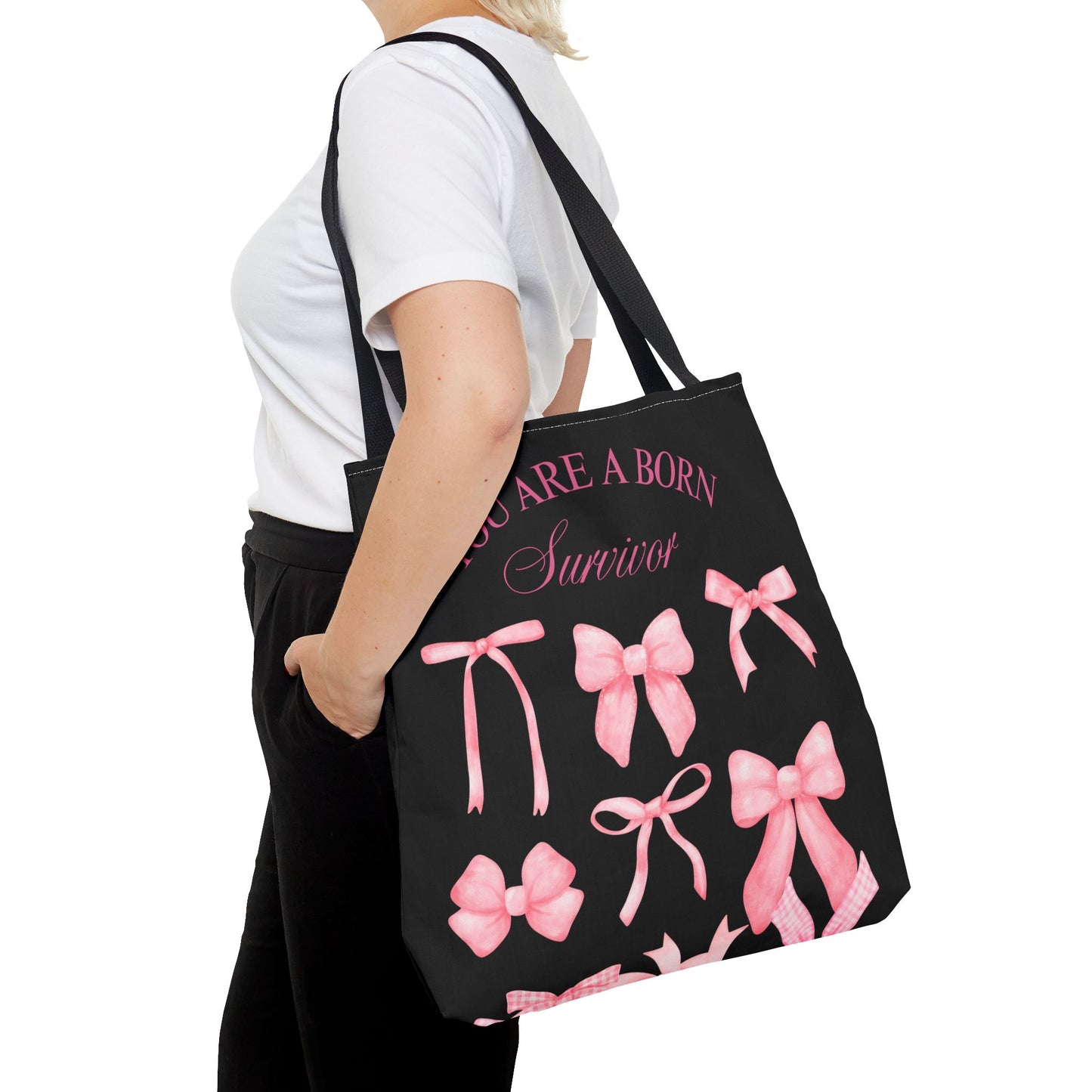 Empowering Pink Ribbon Tote Bag, Breast Cancer Awareness, Survivor Gift, Inspirational Bag, Bows & Ribbons Design, Supportive Gift