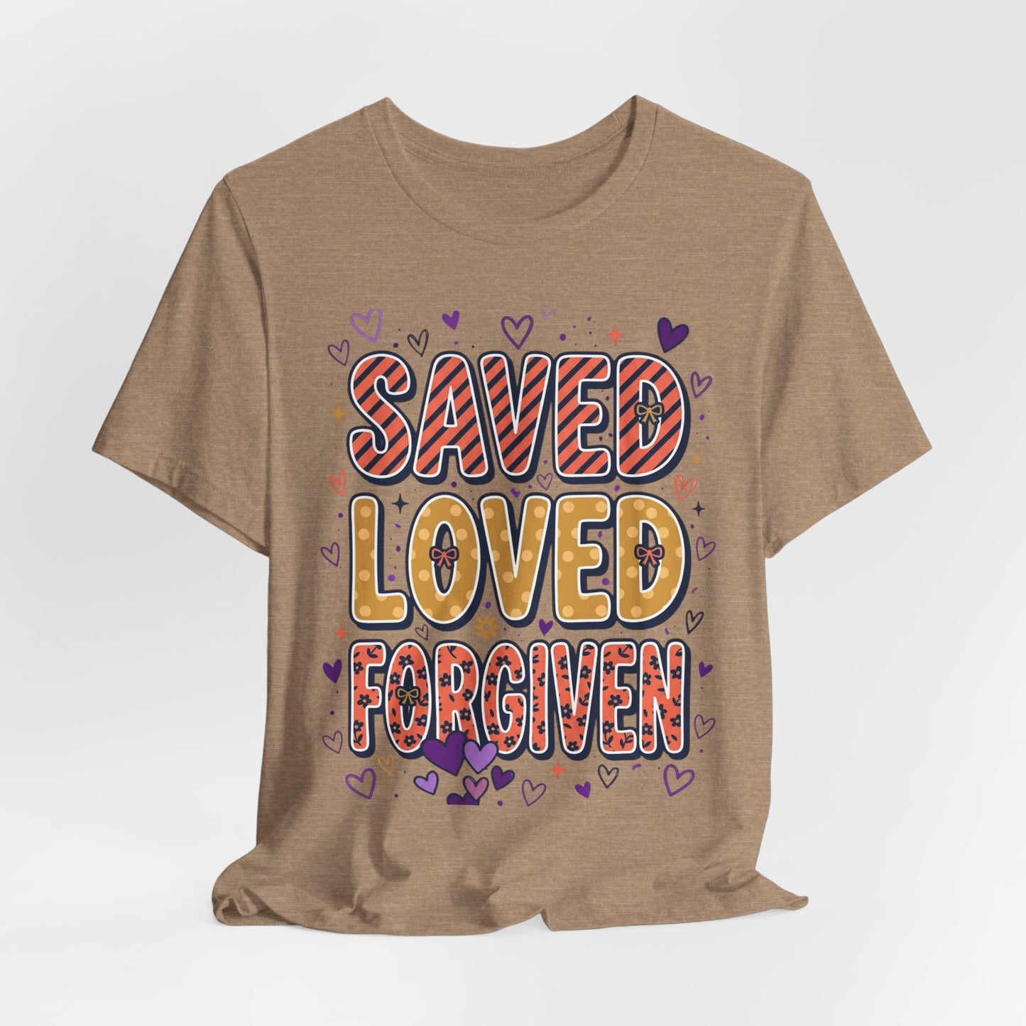 Saved Loved Forgiven T-Shirt | Christian Rainbow Scripture Tee, Playful Faith
