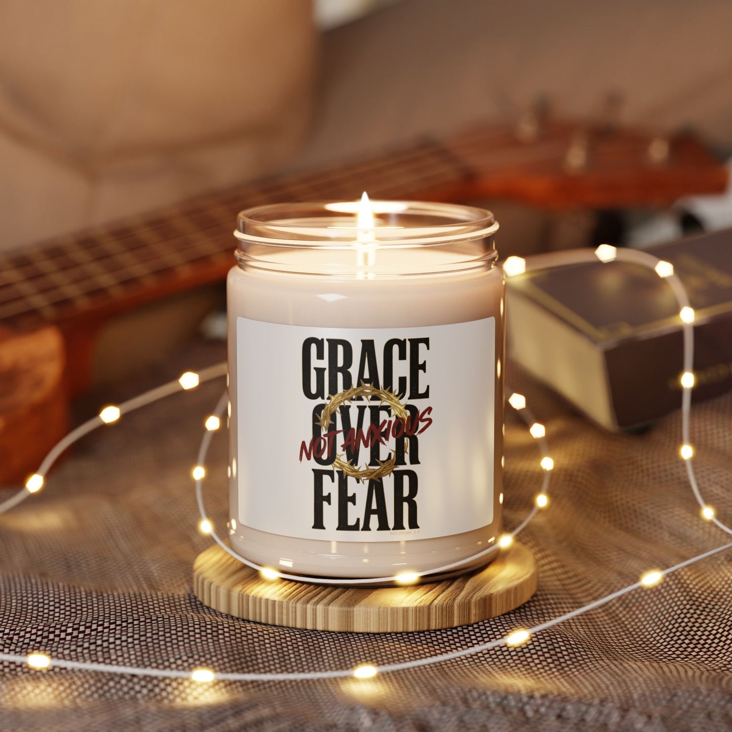 Grace Over Fear Soy Candle | Christian Streetwear Typography, Distressed Script