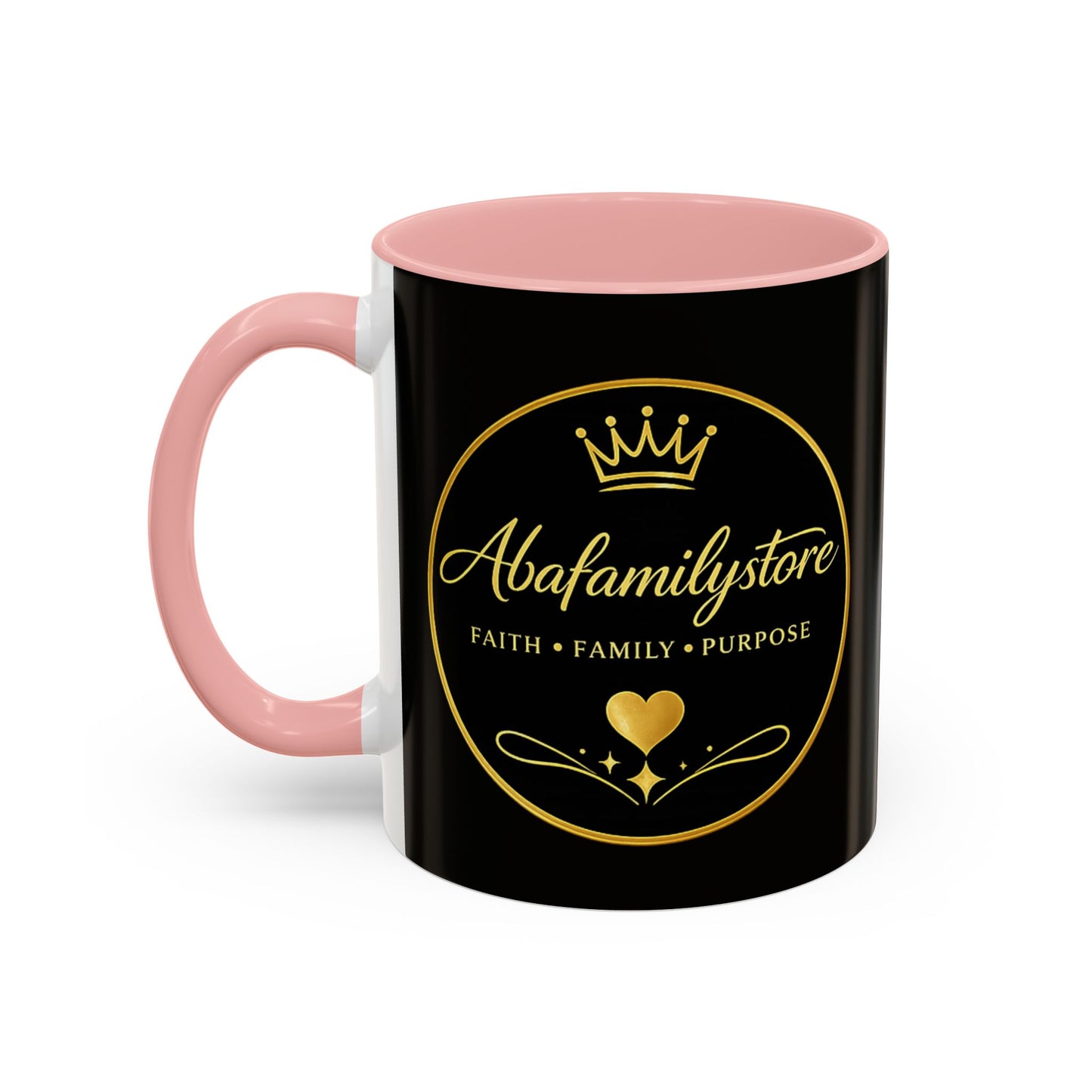 Black Accent Coffee Mug — "Abafamilystore: Faith • Family • Purpose" Gold Logo