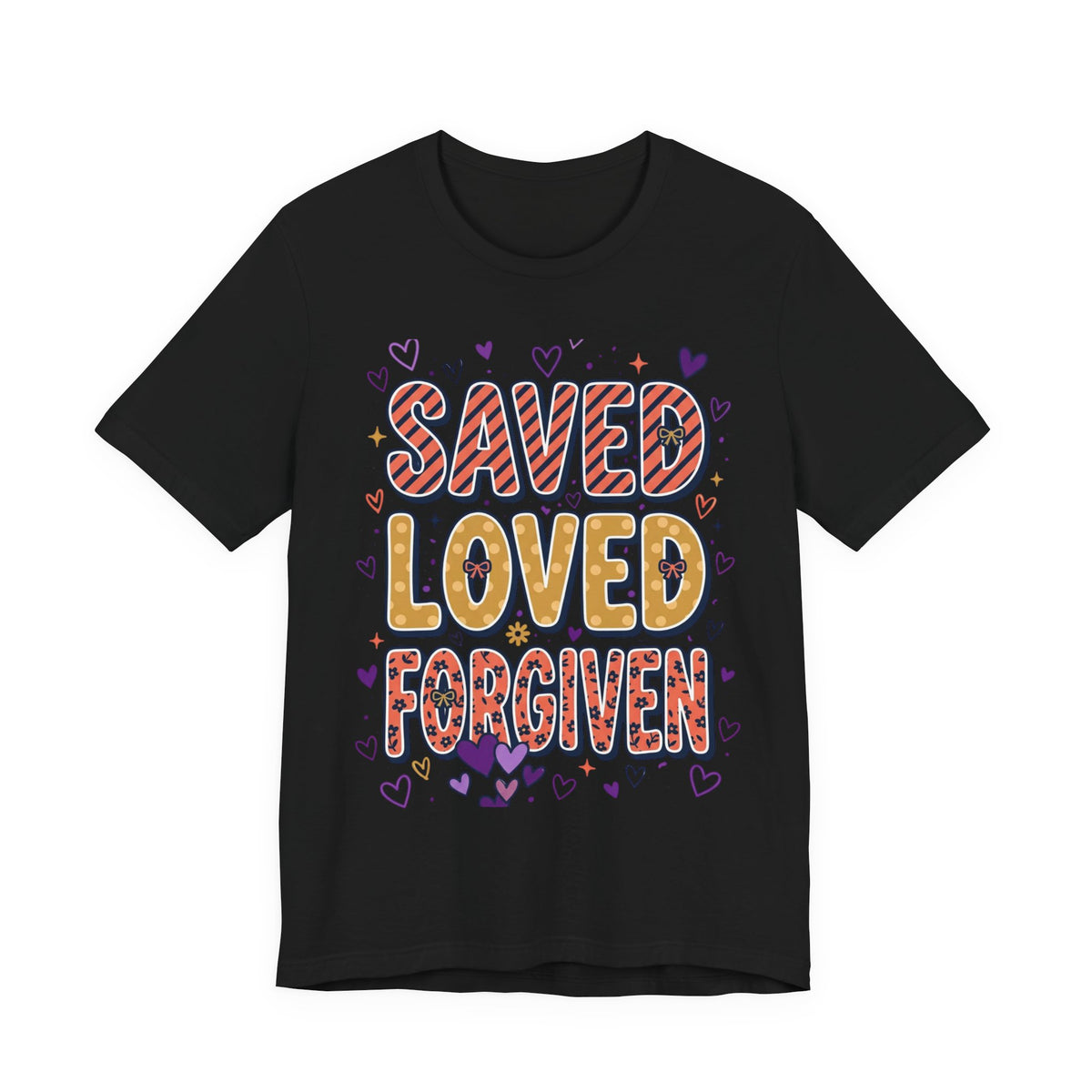 Saved Loved Forgiven T-Shirt | Christian Rainbow Scripture Tee, Playful Faith