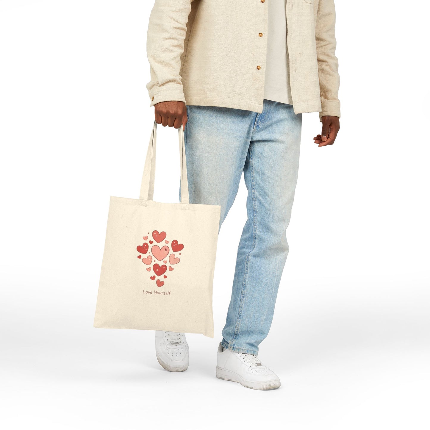 Love Yourself Tote Bag — Watercolor Hearts Inspirational Canvas Tote for Everyday Use