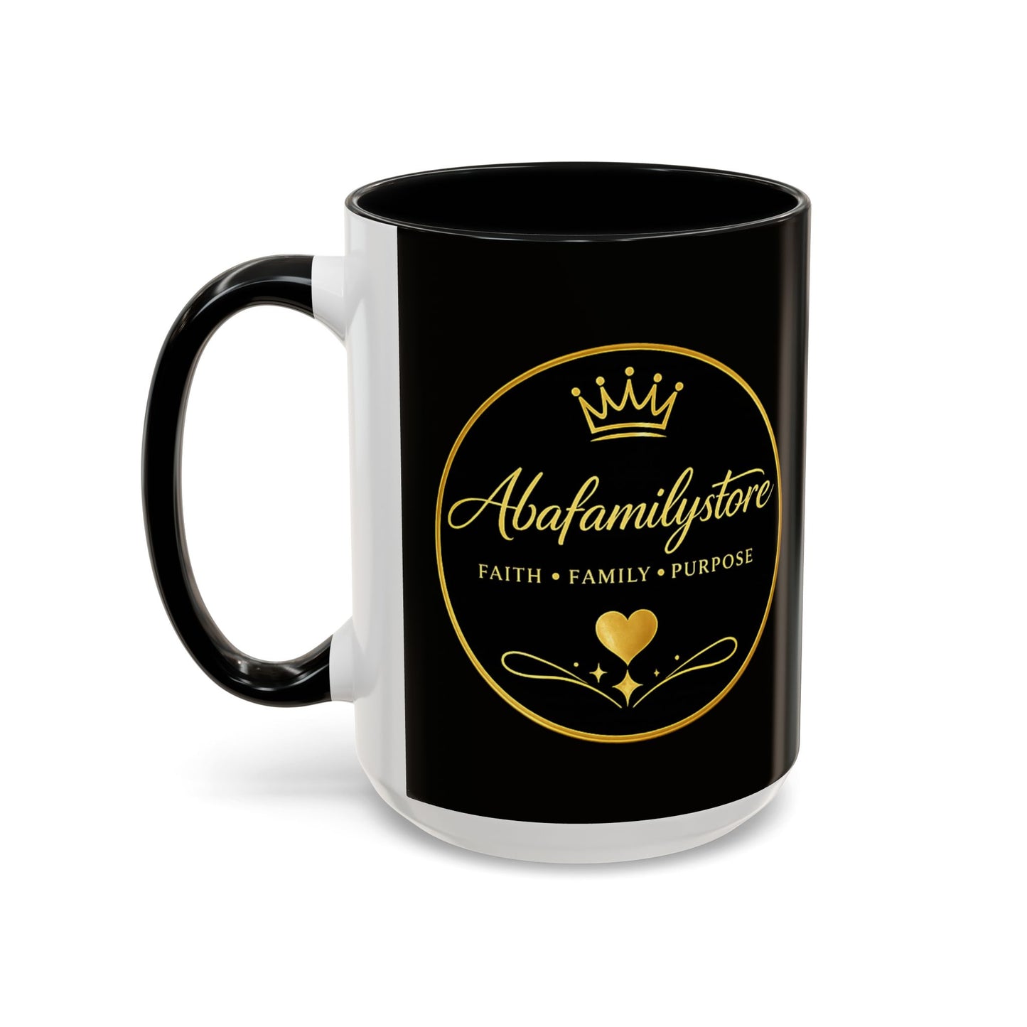 Black Accent Coffee Mug — "Abafamilystore: Faith • Family • Purpose" Gold Logo