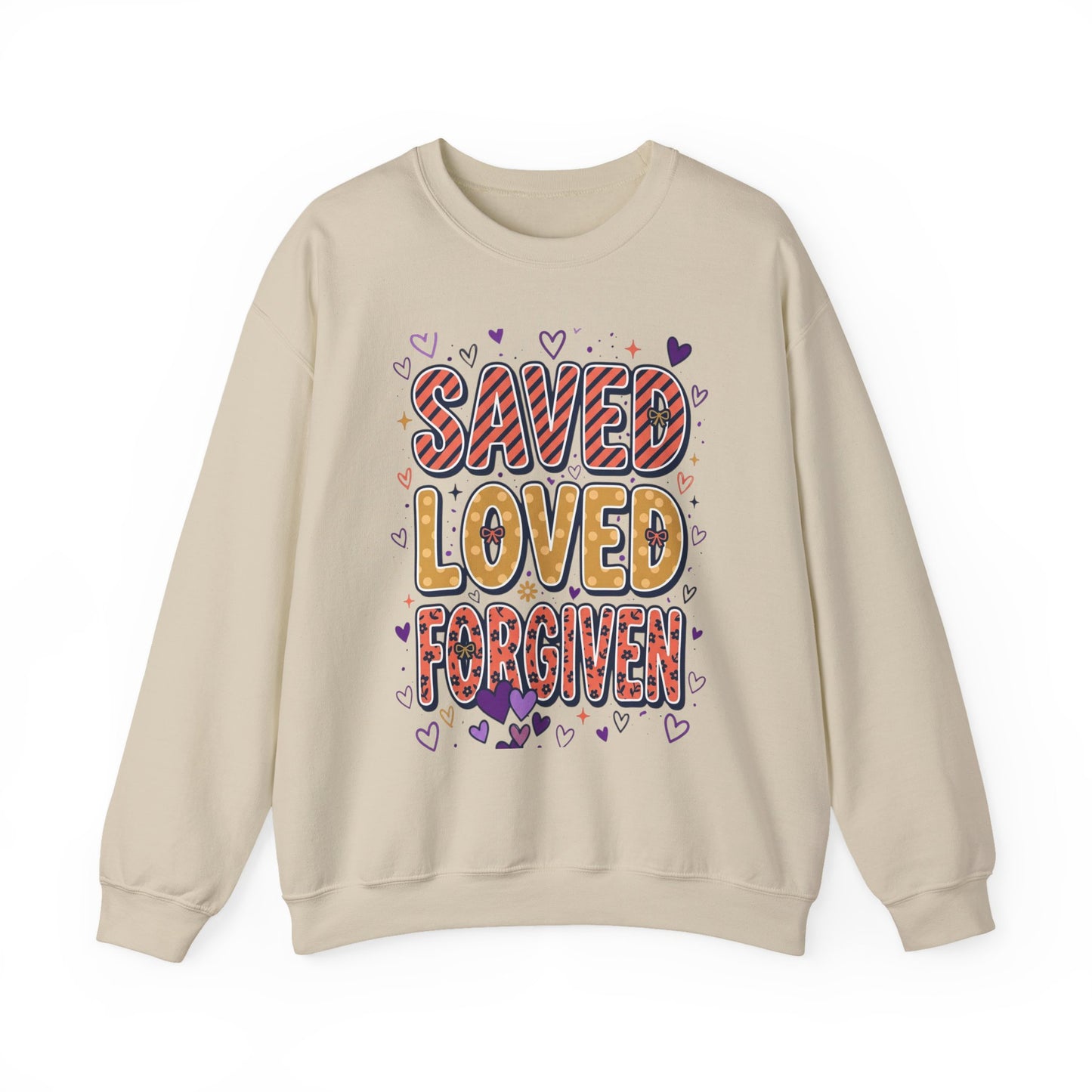 Saved Loved Forgiven Sweatshirt | Christian rainbow scripture style