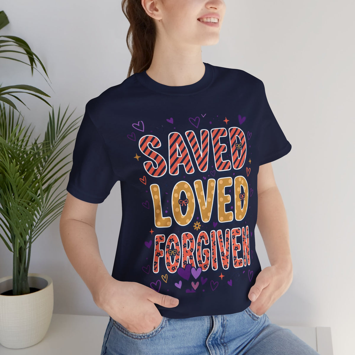 Saved Loved Forgiven T-Shirt | Christian Rainbow Scripture Tee, Playful Faith