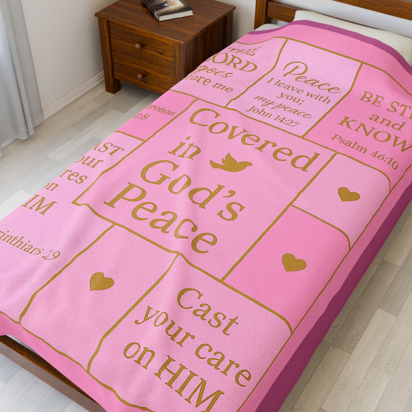 Covered in God's Peace Velveteen Plush Blanket — Inspirational Scripture Throw (Pink)