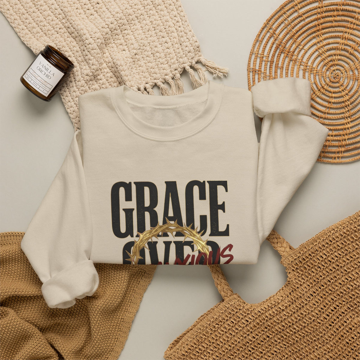 Grace Over Fear Crewneck Sweatshirt | Christian Streetwear, Distressed Thorn Graphic