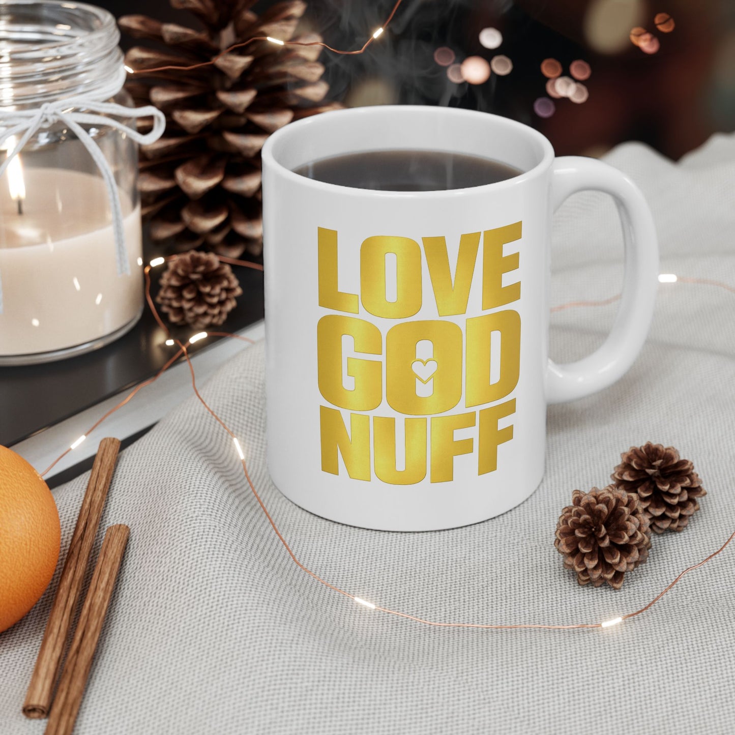 Bold Yellow "love GOD NUFF" Ceramic Mug — Modern Minimalist Coffee Cup (11oz & 15oz)