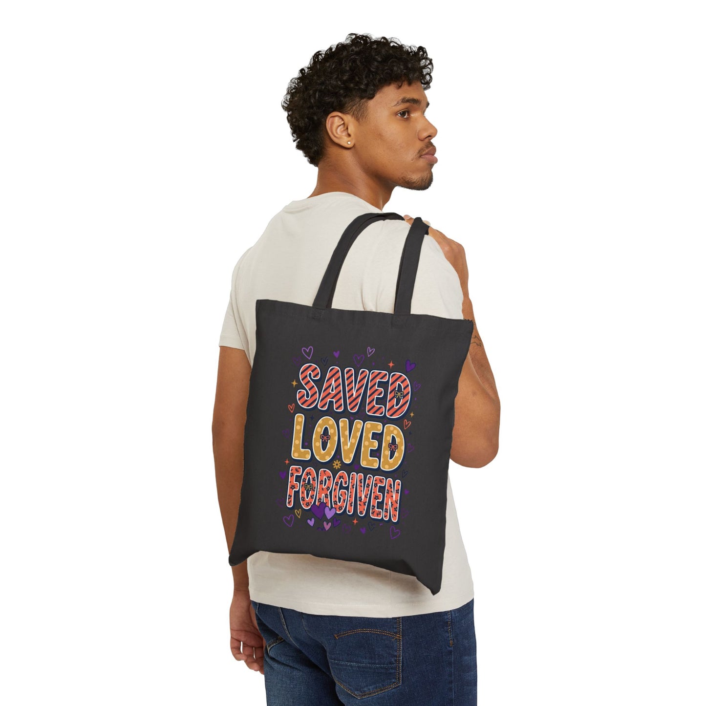 Saved Loved Forgiven Tote | Christian faith tote, colorful scripture design