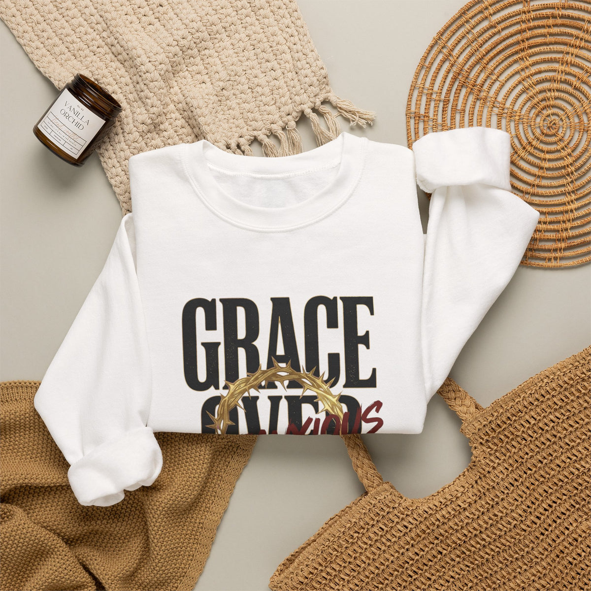 Grace Over Fear Crewneck Sweatshirt | Christian Streetwear, Distressed Thorn Graphic