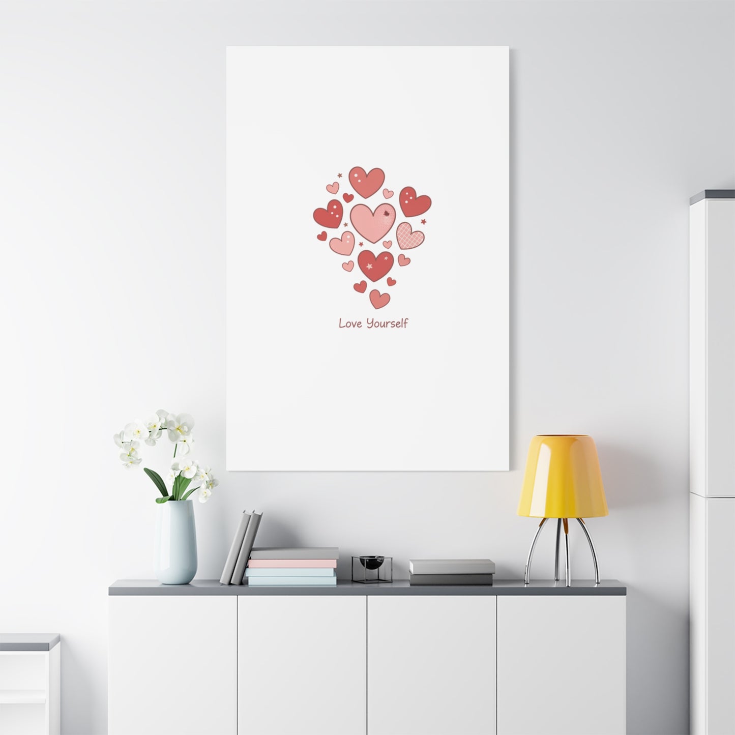 Love Yourself Canvas Wall Art — Watercolor Hearts Inspirational Home Decor