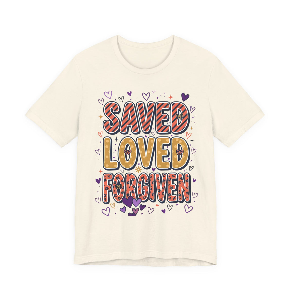 Saved Loved Forgiven T-Shirt | Christian Rainbow Scripture Tee, Playful Faith