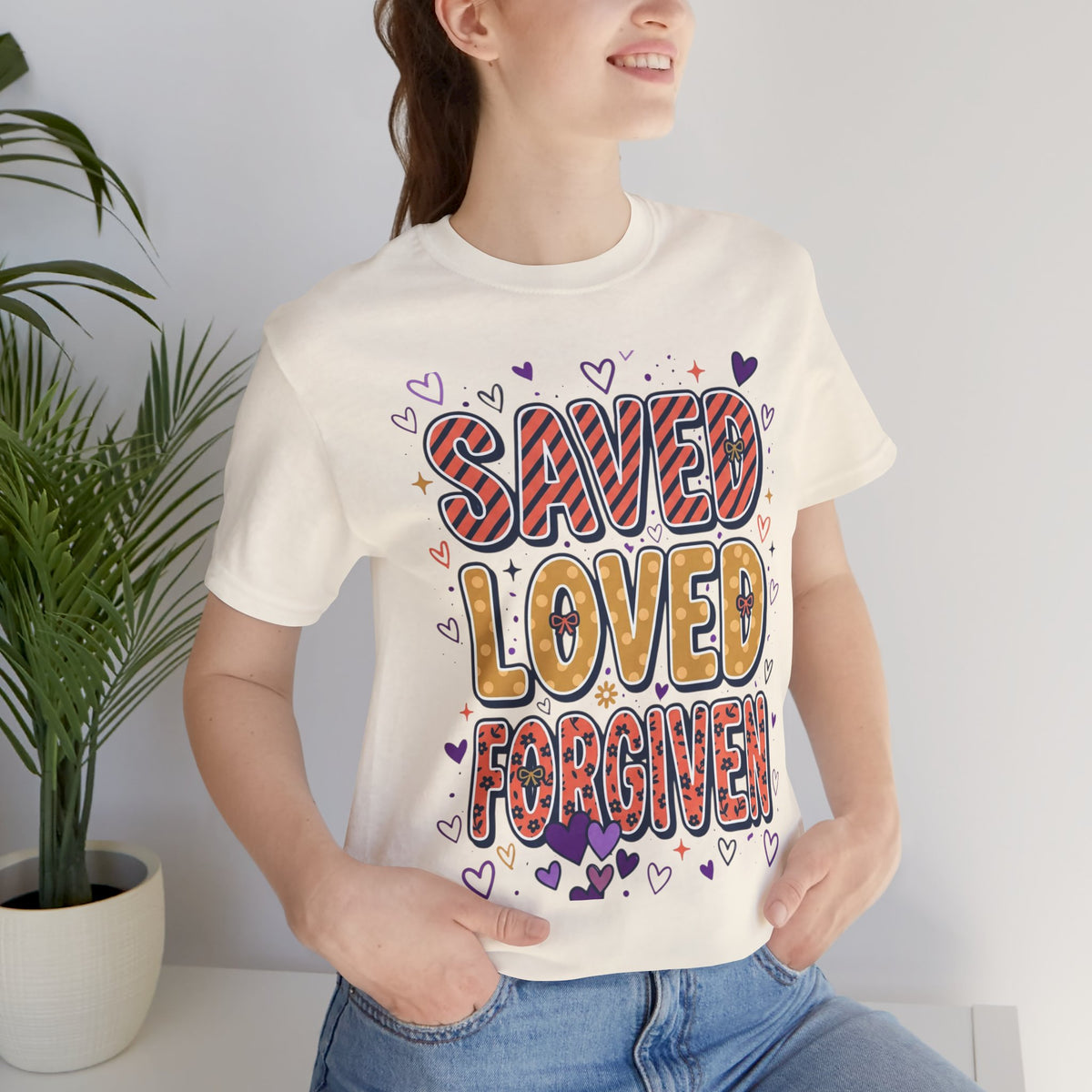 Saved Loved Forgiven T-Shirt | Christian Rainbow Scripture Tee, Playful Faith