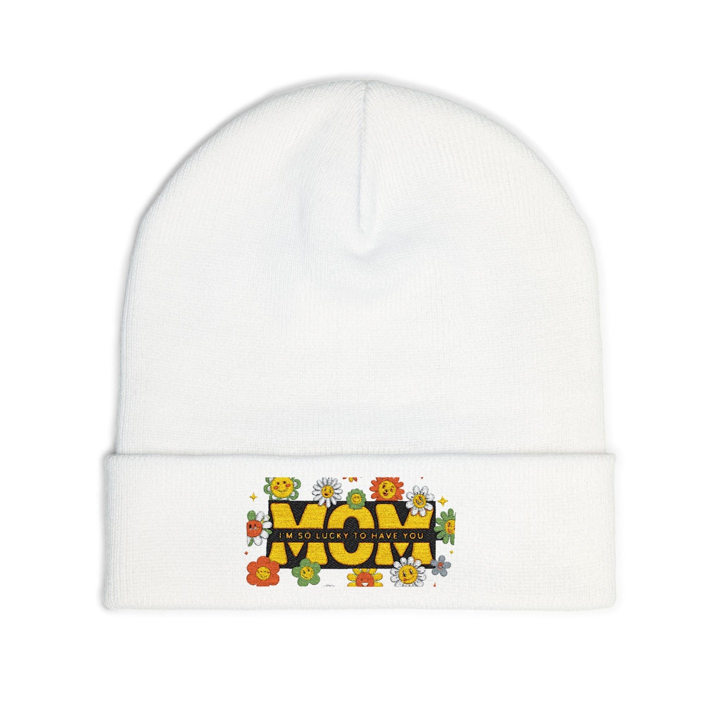 Embroidered 'Mom' Floral Knit Beanie – Cozy Mother's Day Gift