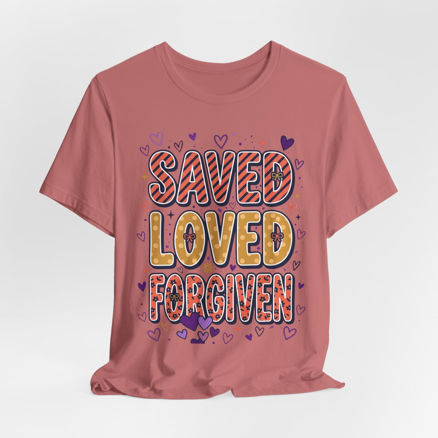 Saved Loved Forgiven T-Shirt | Christian Rainbow Scripture Tee, Playful Faith