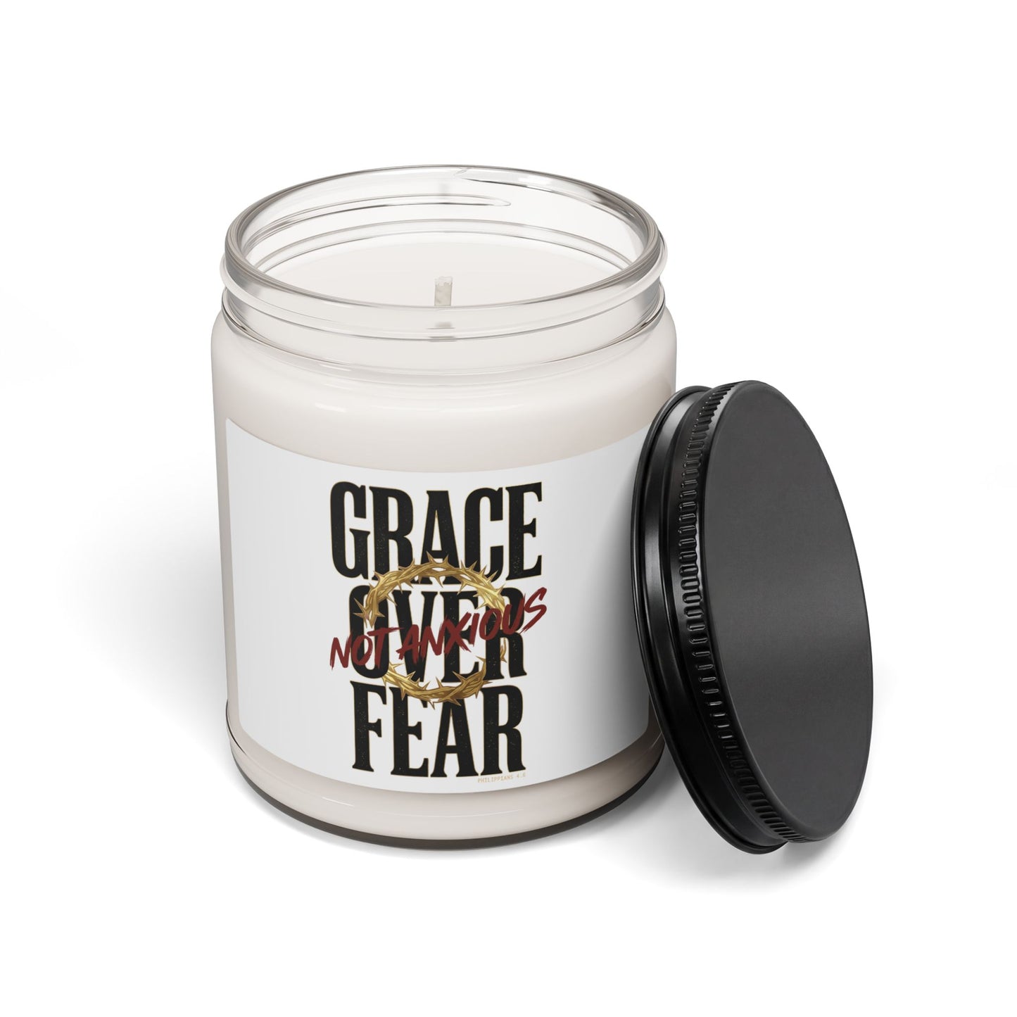 Grace Over Fear Soy Candle | Christian Streetwear Typography, Distressed Script