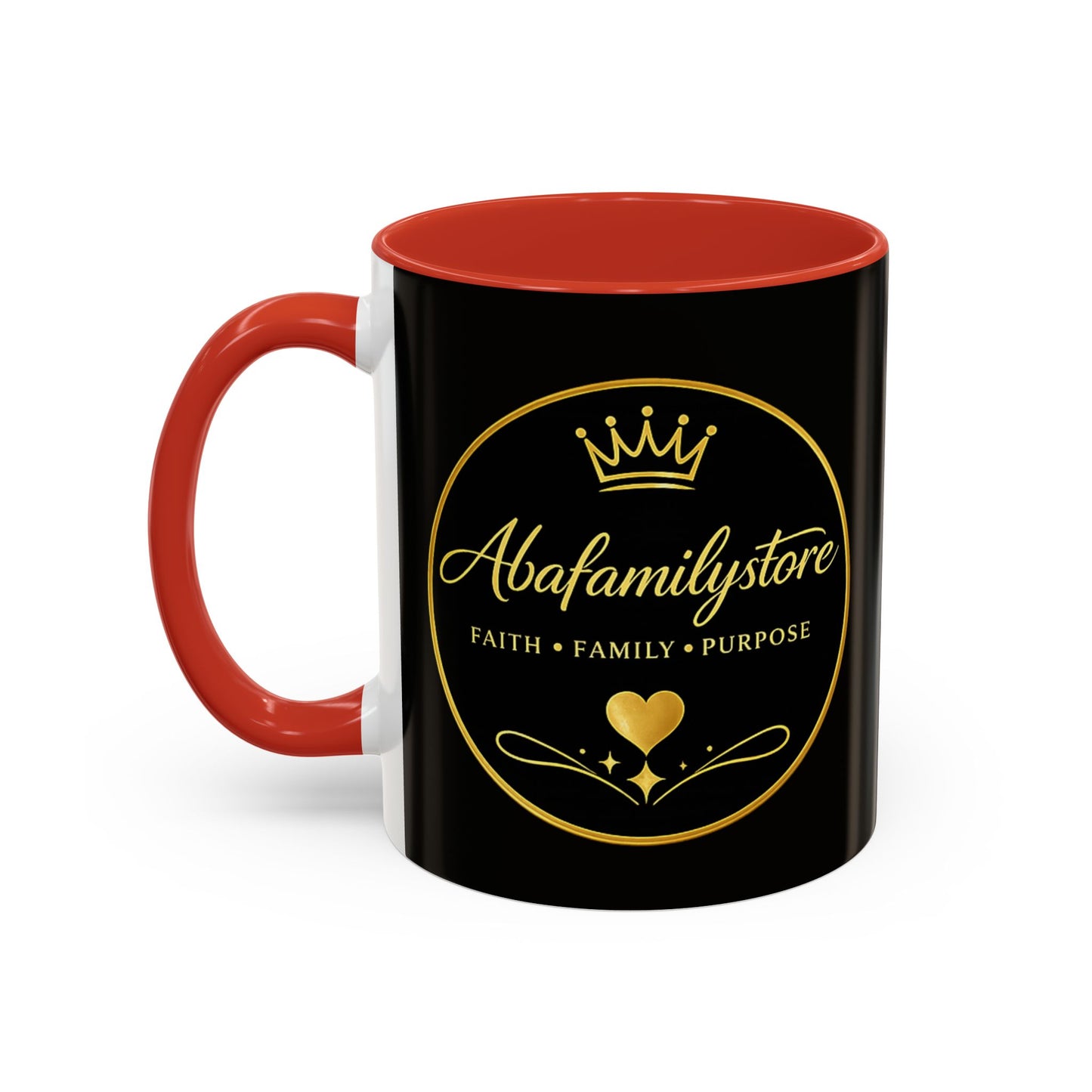Black Accent Coffee Mug — "Abafamilystore: Faith • Family • Purpose" Gold Logo