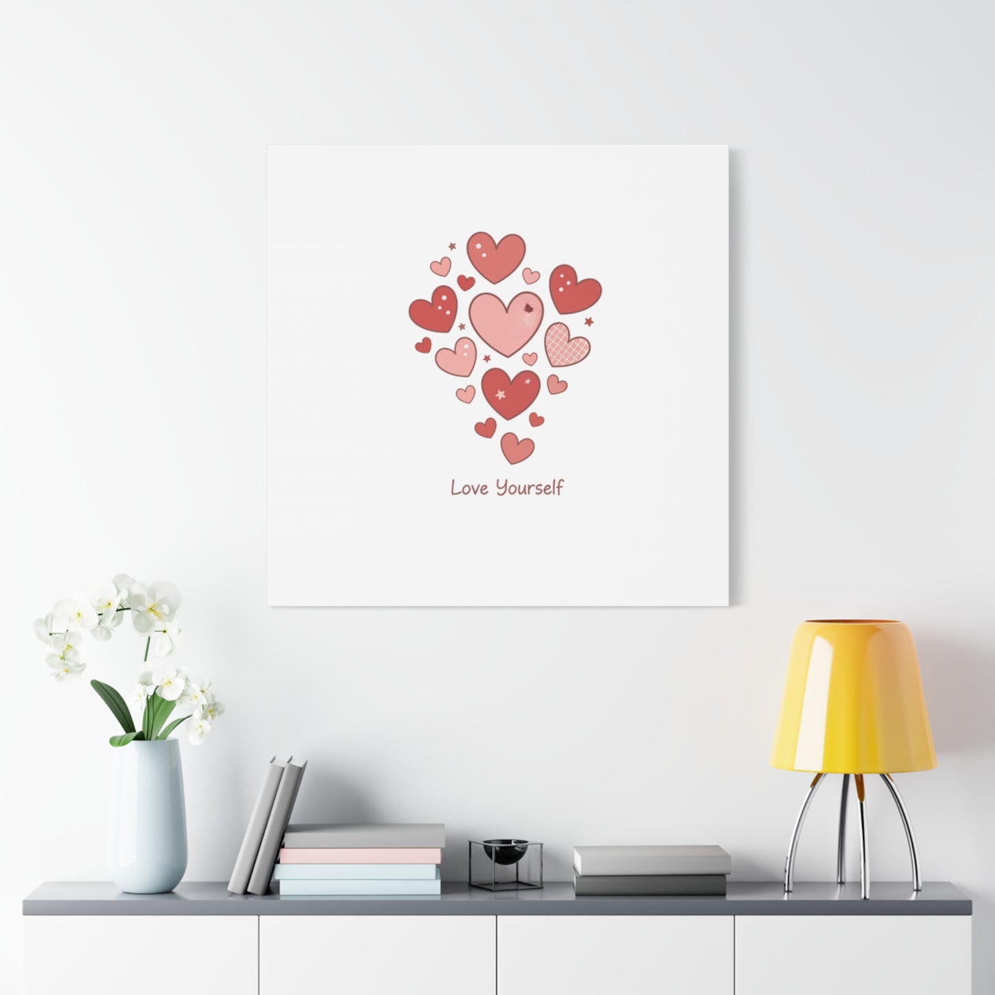 Love Yourself Canvas Wall Art — Watercolor Hearts Inspirational Home Decor