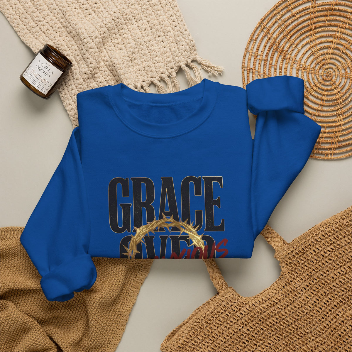 Grace Over Fear Crewneck Sweatshirt | Christian Streetwear, Distressed Thorn Graphic