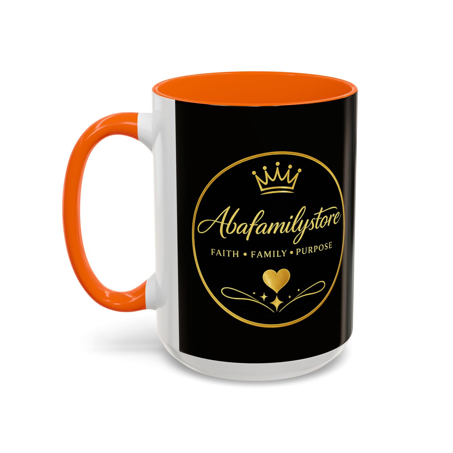 Black Accent Coffee Mug — "Abafamilystore: Faith • Family • Purpose" Gold Logo