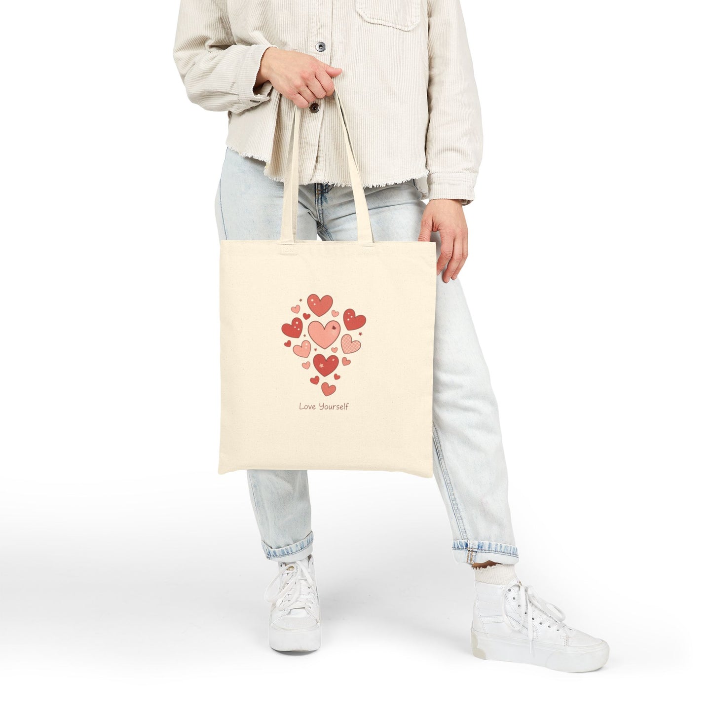 Love Yourself Tote Bag — Watercolor Hearts Inspirational Canvas Tote for Everyday Use