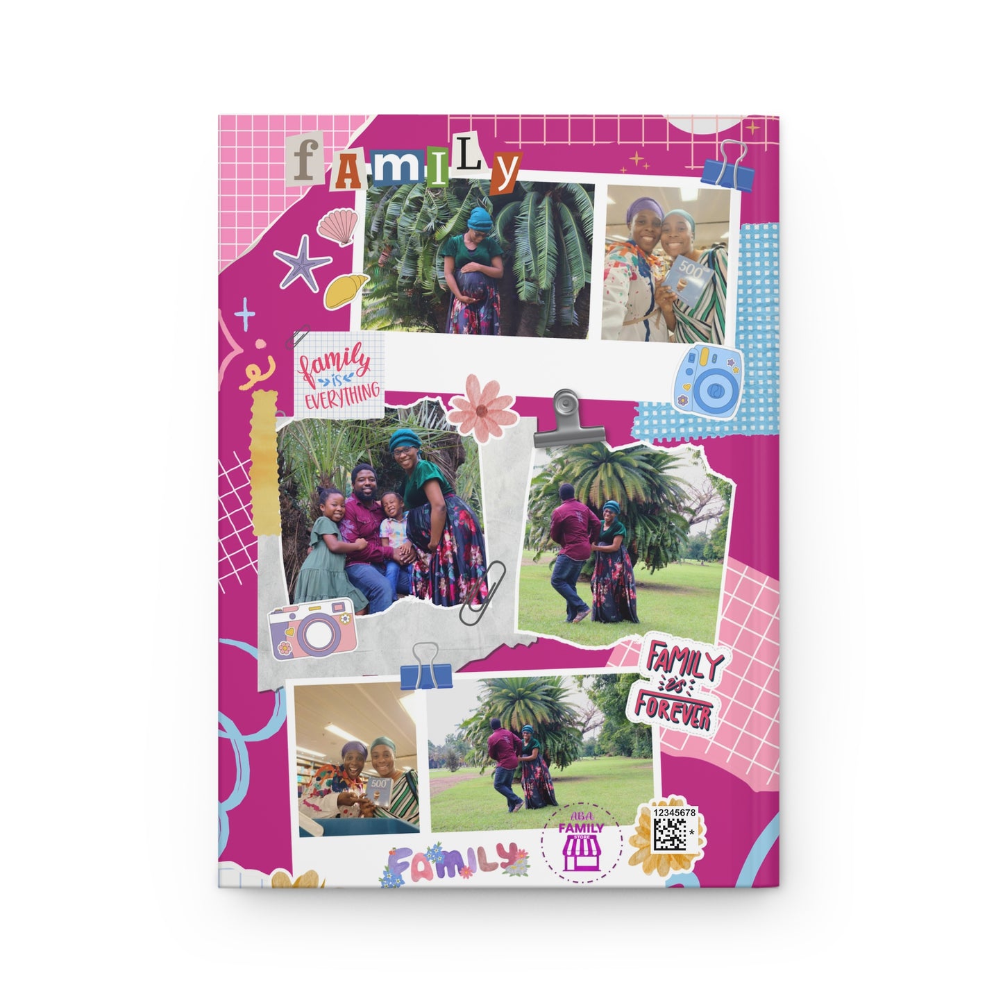 Family Photo Collage Hardcover Journal — Pink Scrapbook Style "Family Forever" Notebook