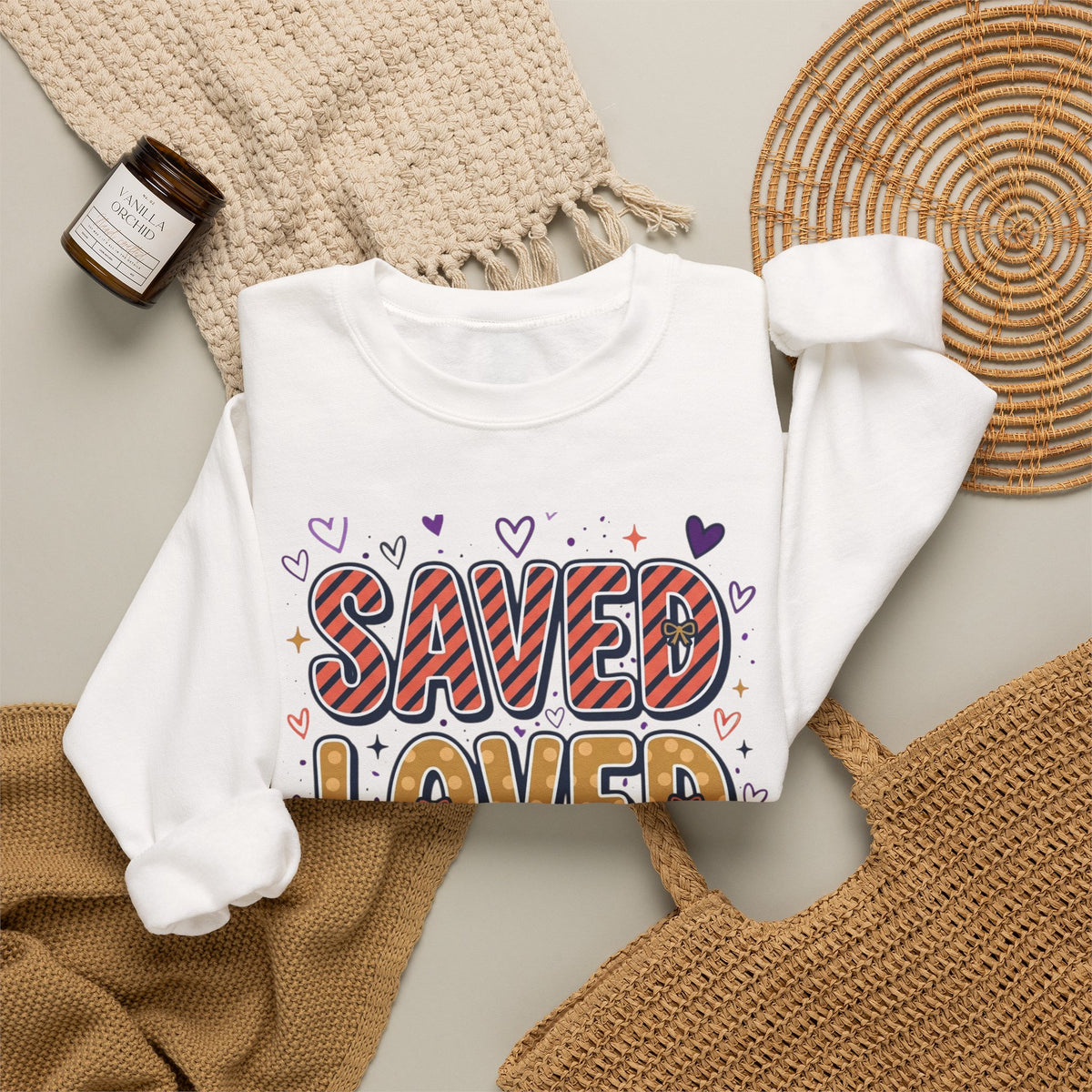 Saved Loved Forgiven Sweatshirt | Christian rainbow scripture style