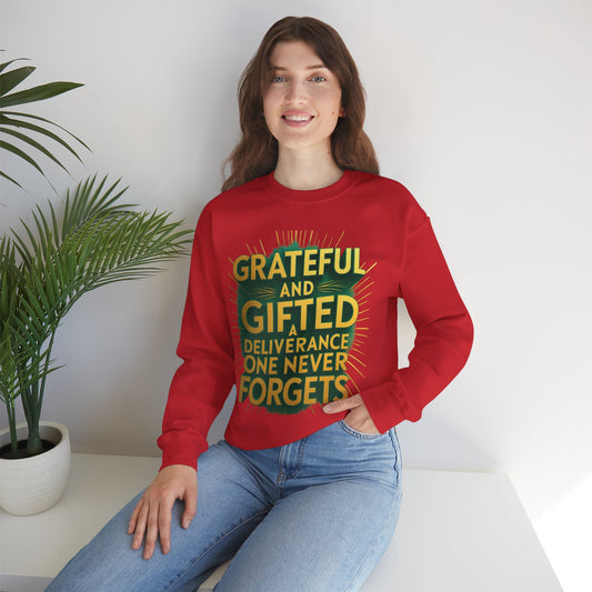 Grateful & Gifted Crewneck Sweatshirt, Unisex Gift for Thanksgiving, Cozy Relaxed Fit, Holiday Clothing, Inspirational Apparel