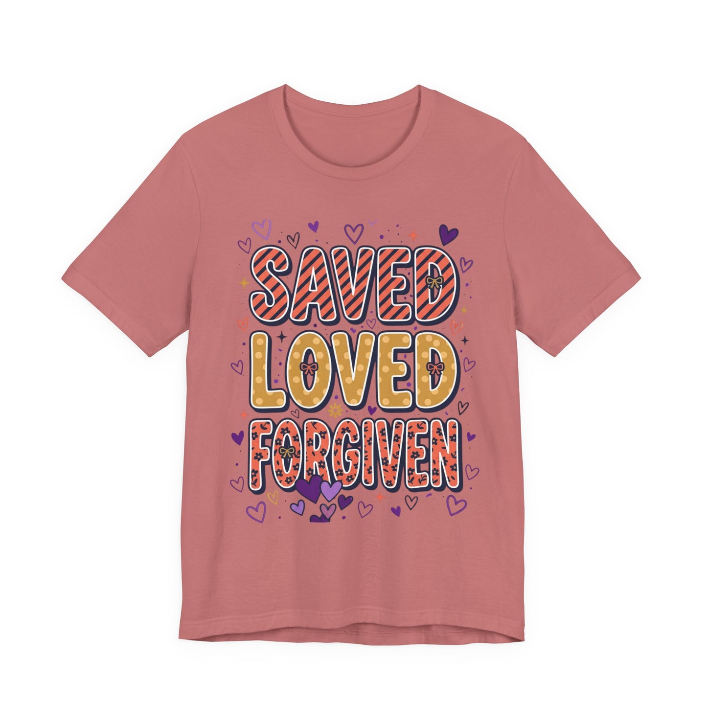 Saved Loved Forgiven T-Shirt | Christian Rainbow Scripture Tee, Playful Faith