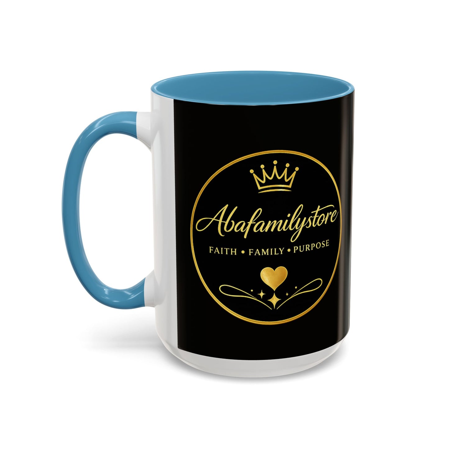 Black Accent Coffee Mug — "Abafamilystore: Faith • Family • Purpose" Gold Logo
