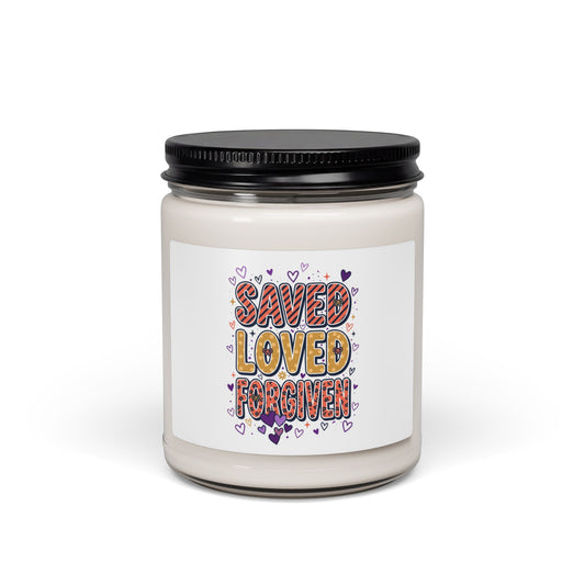 Saved Loved Forgiven Candle | Christian faith soy candle, colorful scripture design