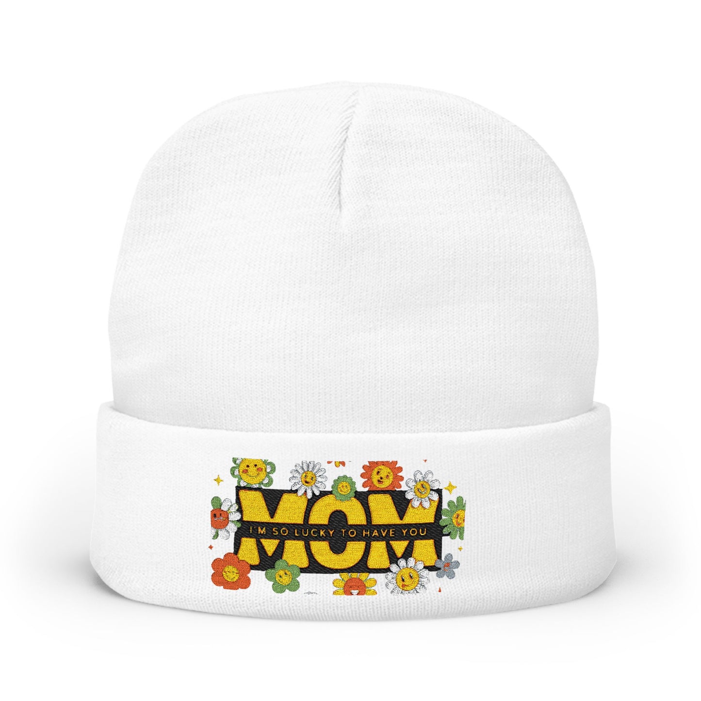 Embroidered 'Mom' Floral Knit Beanie – Cozy Mother's Day Gift