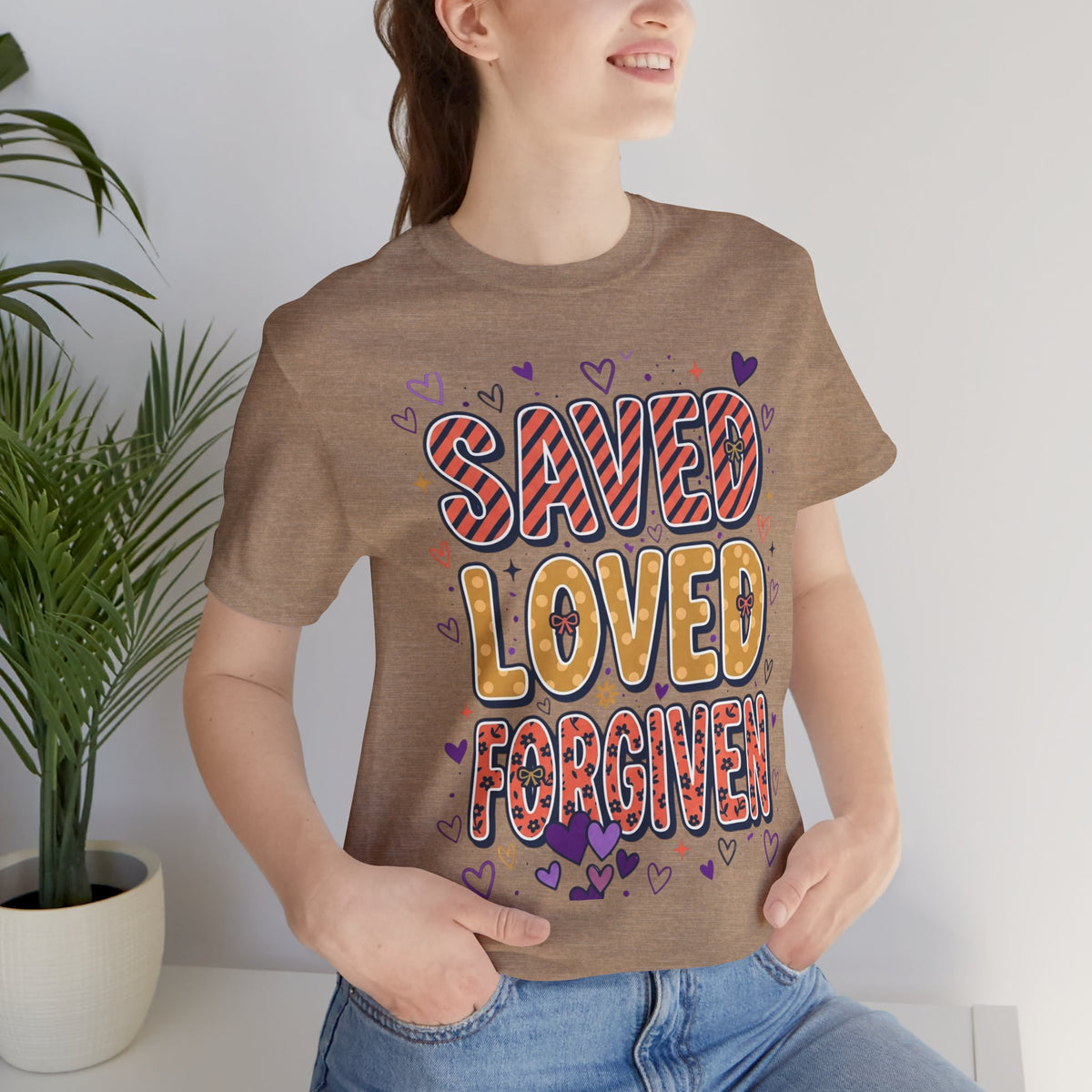 Saved Loved Forgiven T-Shirt | Christian Rainbow Scripture Tee, Playful Faith