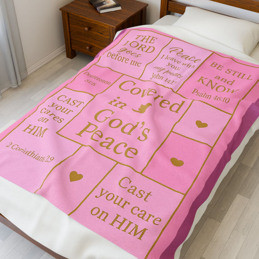 Covered in God's Peace Velveteen Plush Blanket — Inspirational Scripture Throw (Pink)