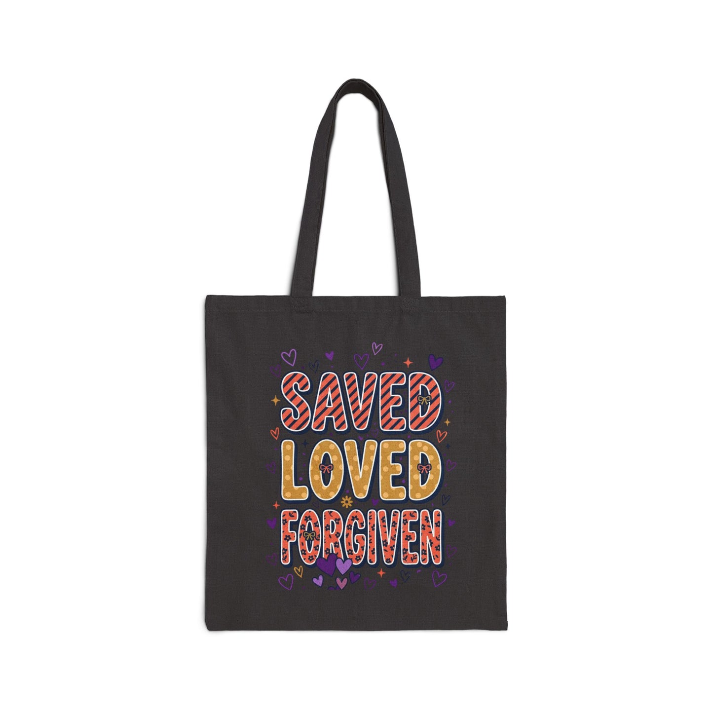 Saved Loved Forgiven Tote | Christian faith tote, colorful scripture design