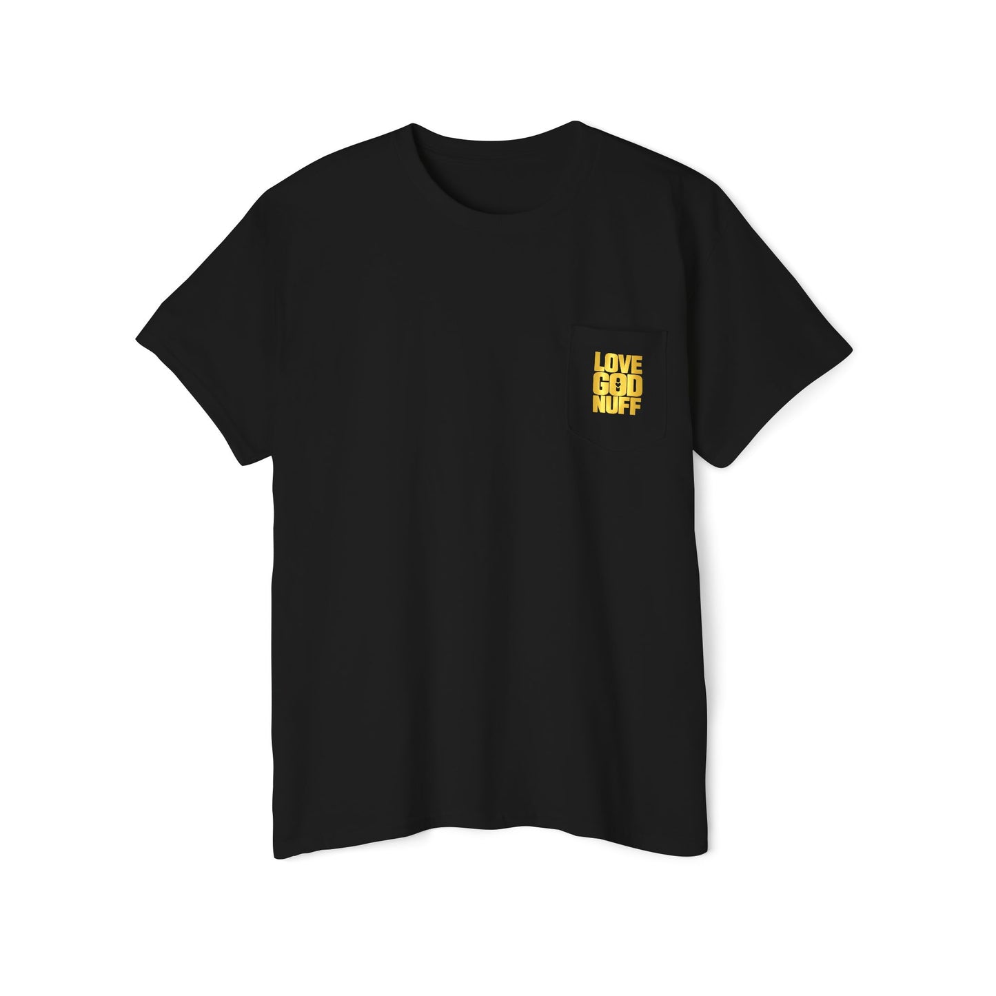 Gold Foil Pocket T-Shirt — "love God Nuff" Minimalist Metallic Chest Tee