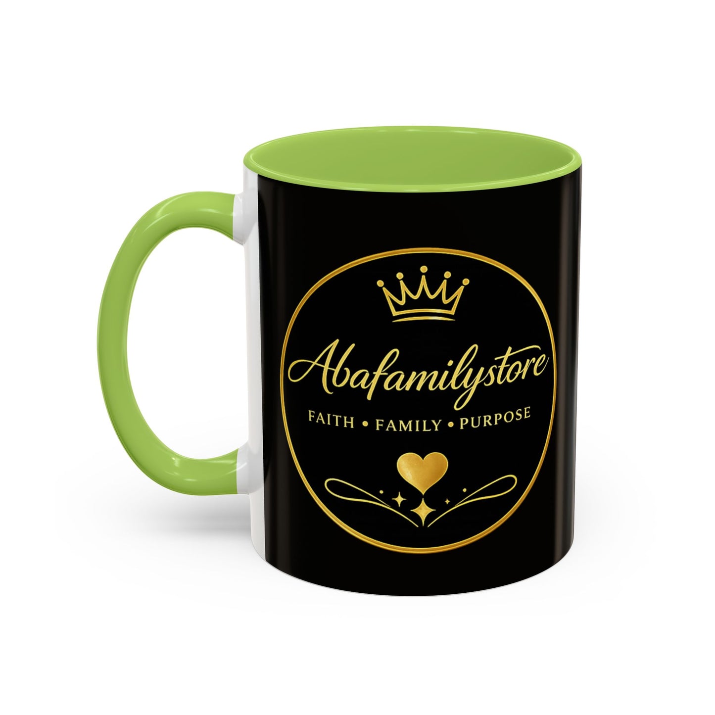 Black Accent Coffee Mug — "Abafamilystore: Faith • Family • Purpose" Gold Logo