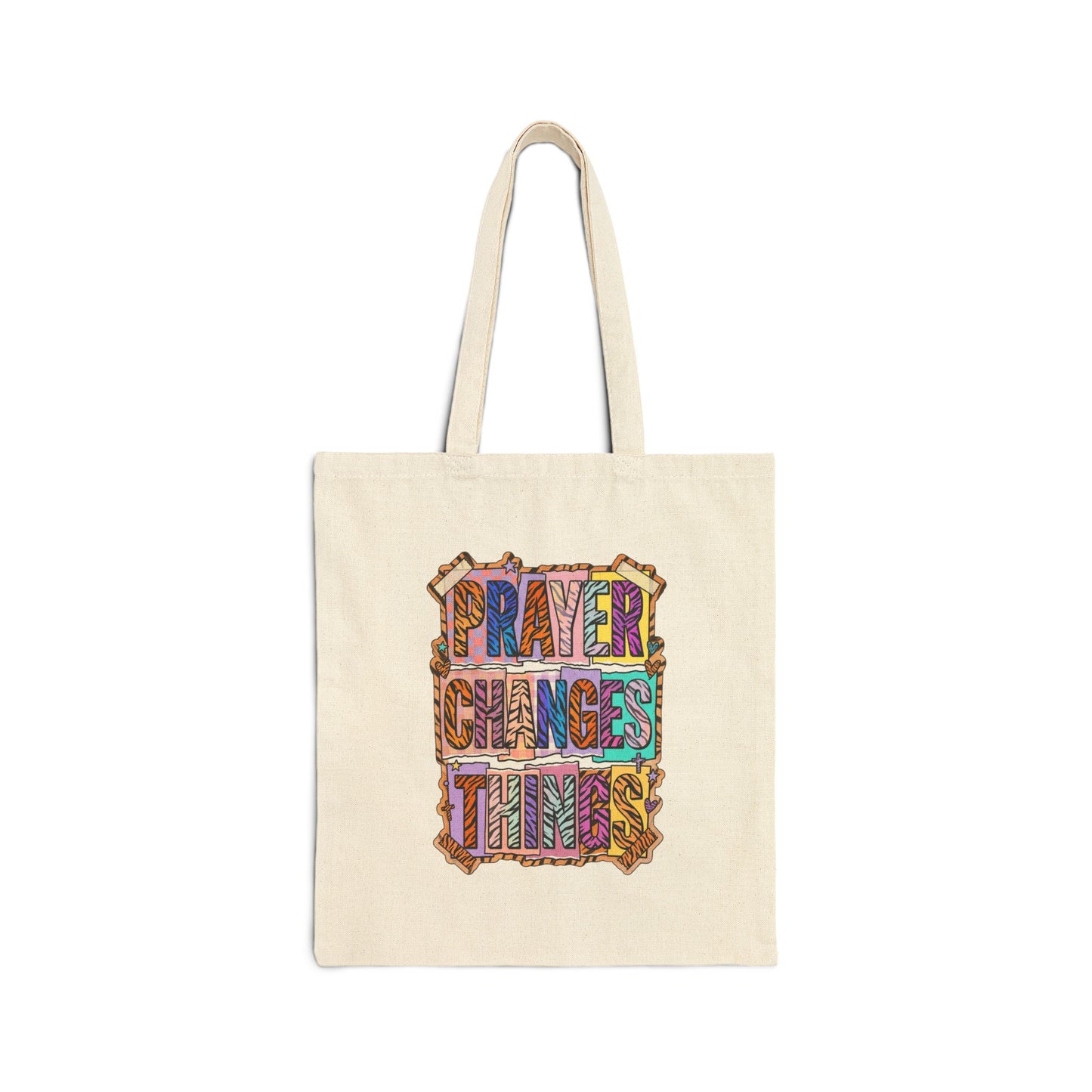 Prayer Changes Things Tote | Christian Rainbow Scripture Quote Canvas Tote