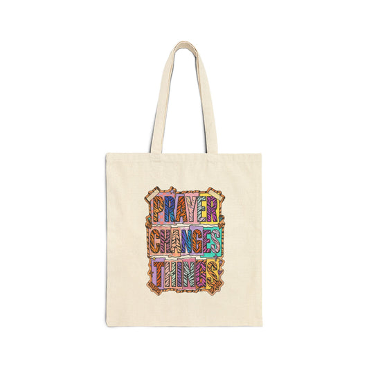 Prayer Changes Things Tote | Christian Rainbow Scripture Quote Canvas Tote