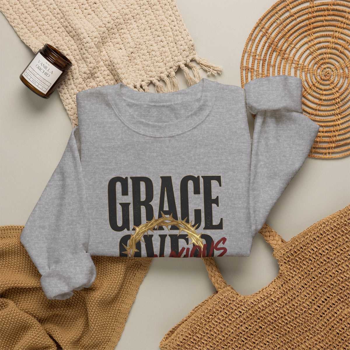 Grace Over Fear Crewneck Sweatshirt | Christian Streetwear, Distressed Thorn Graphic