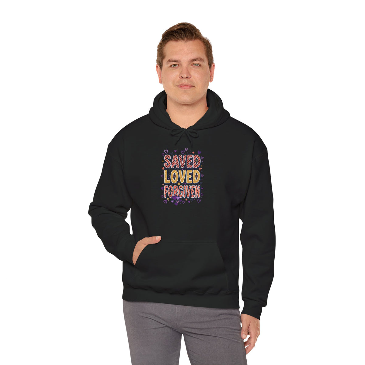 Saved Loved Praised hoodie | Christian rainbow scripture design